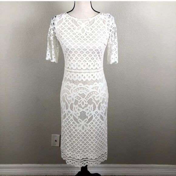 Maia Dress Womens 4 Off White Lace Sheer Lined Pencil Midi Cottagecore Feminine - Picture 14 of 14